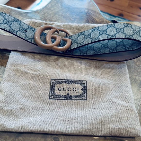 Gucci Monochrome GG Logo Wide Marmont Tan Enamel Canvas Belt 100/39.